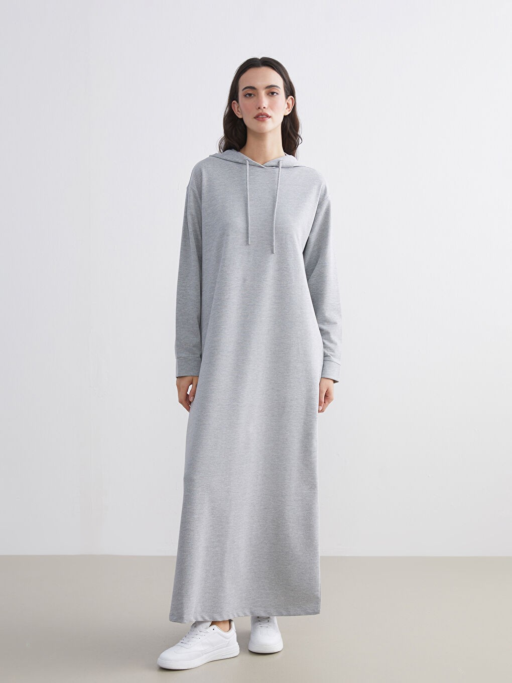 LC Waikiki Modest Gri Kapüşonlu Sweatshirt Elbise