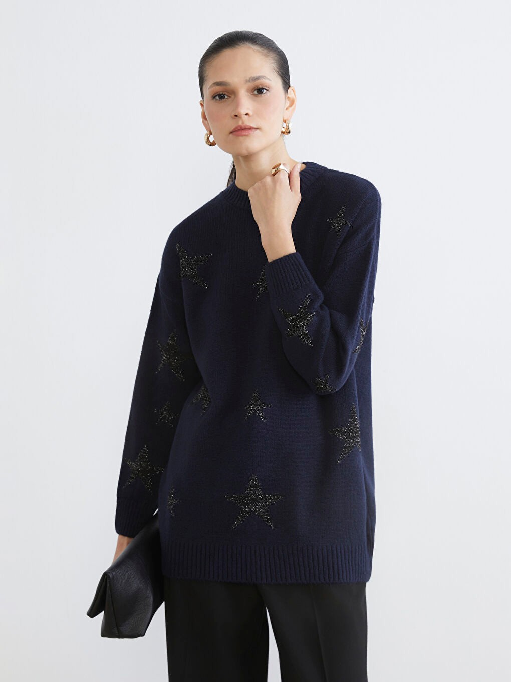 LC Waikiki Modest Lacivert Bisiklet Yaka Yıldız Desenli Kadın Triko Tunik