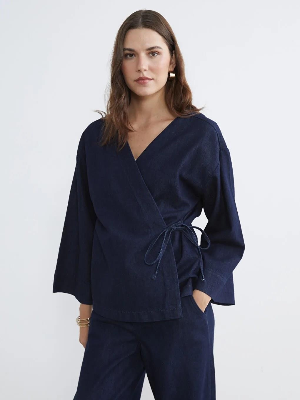 LC Waikiki Indigo Kruvaze Yaka Kadın Jean Kimono (S6)