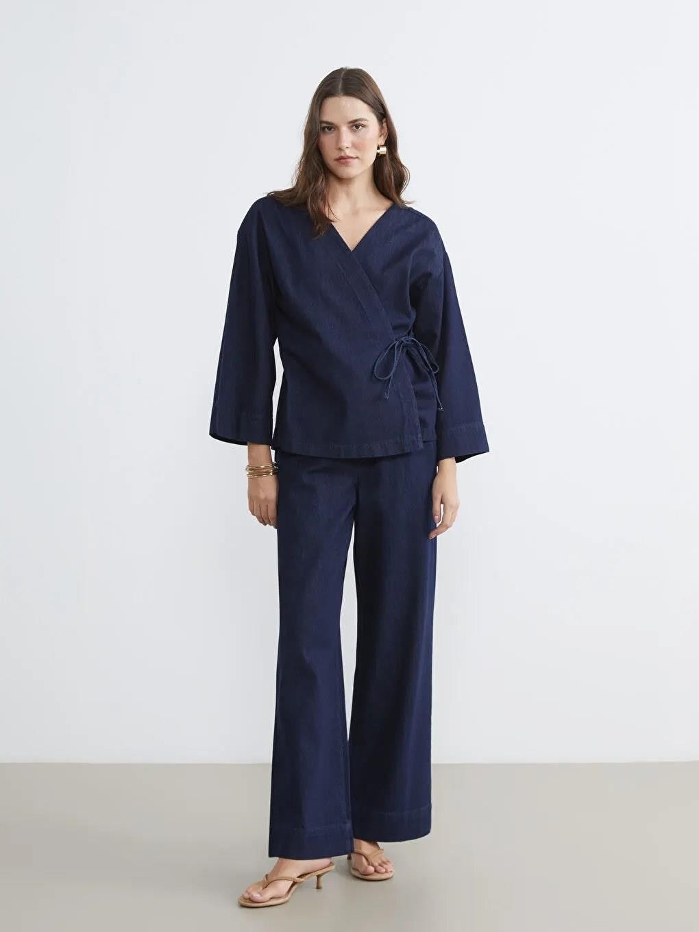 LC Waikiki Indigo Kruvaze Yaka Kadın Jean Kimono (S6) görsel 2