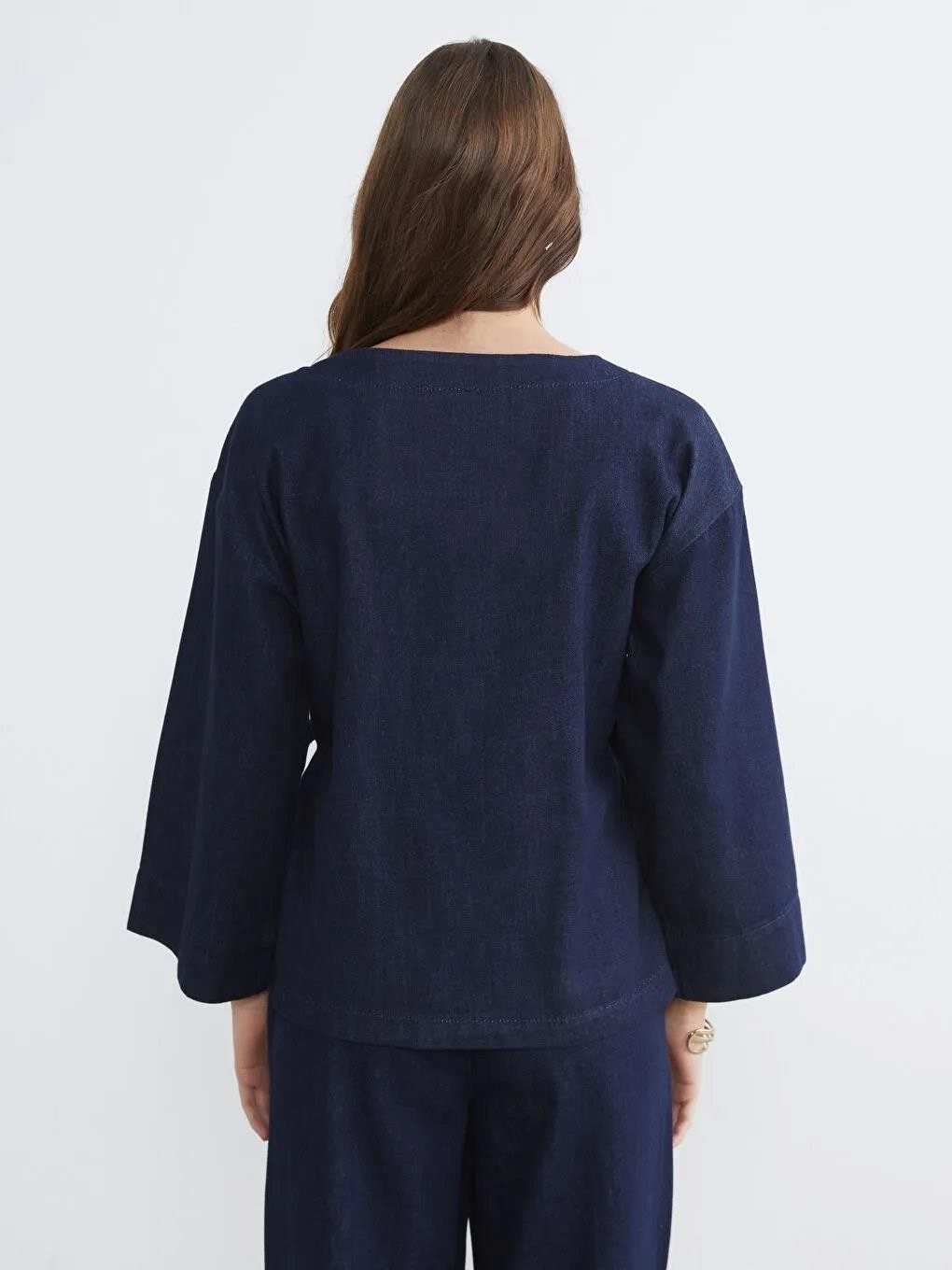 LC Waikiki Indigo Kruvaze Yaka Kadın Jean Kimono (S6) görsel 4