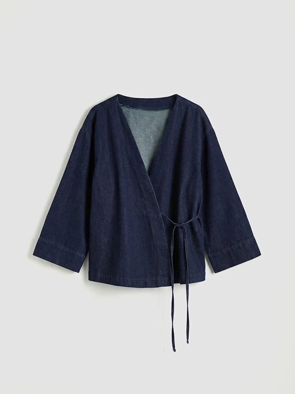 LC Waikiki Indigo Kruvaze Yaka Kadın Jean Kimono (S6) görsel 5