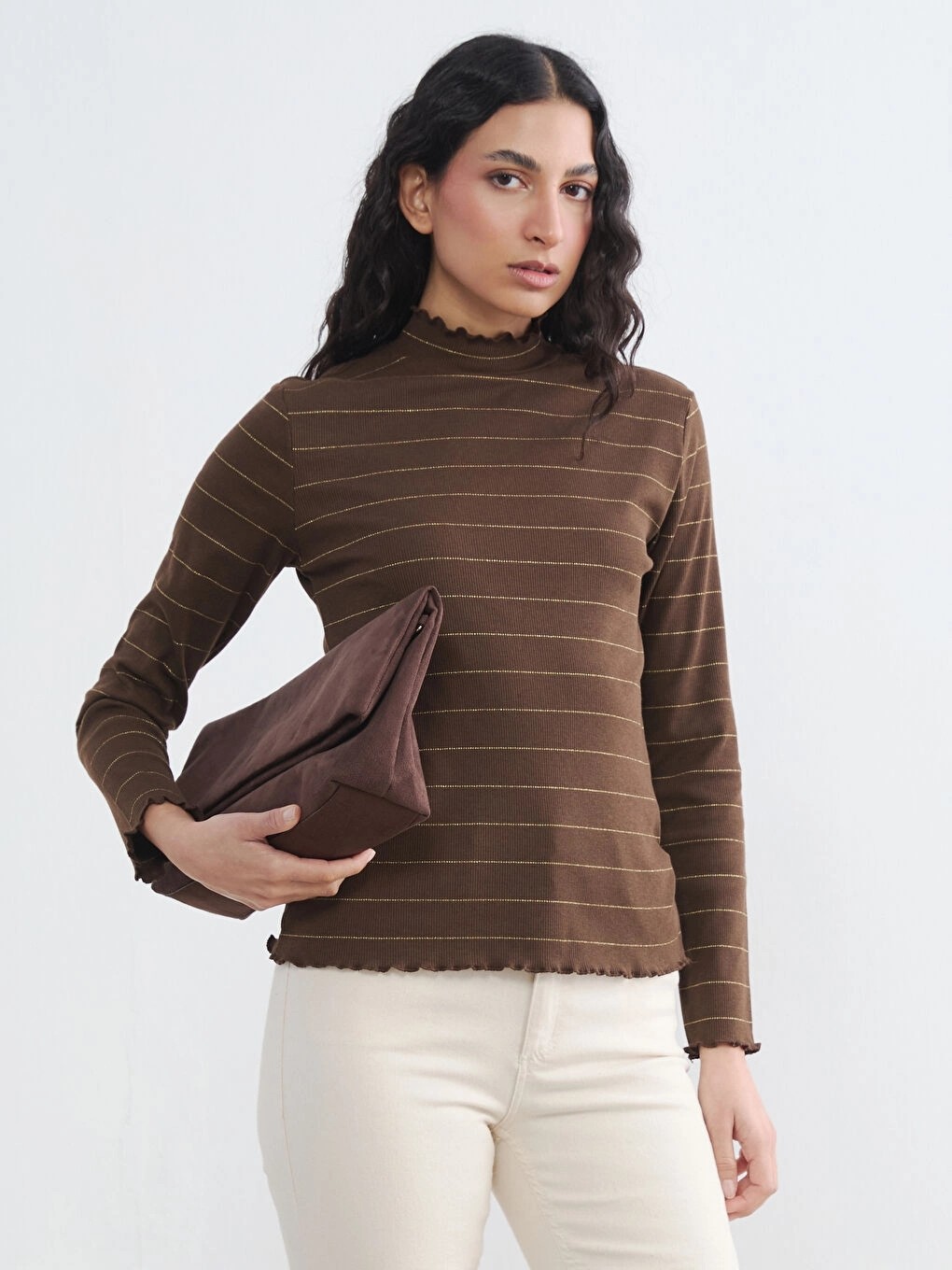LC Waikiki Lcw Modest Kahverengi Fırfırlı Dik Yaka Çizgili Kadın Body