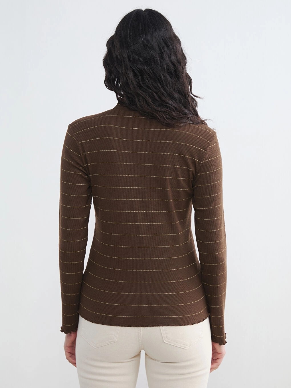 LC Waikiki Lcw Modest Kahverengi Fırfırlı Dik Yaka Çizgili Kadın Body görsel 4