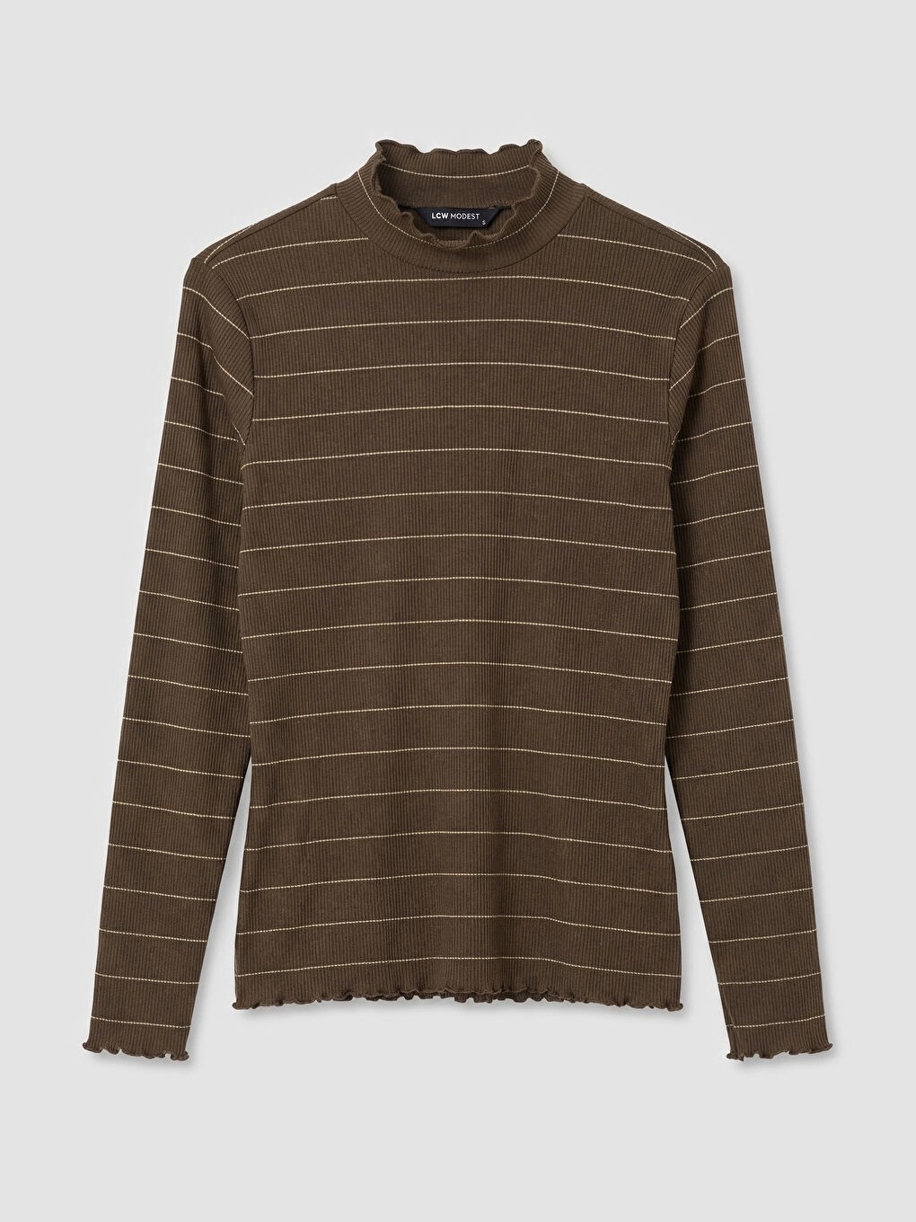 LC Waikiki Lcw Modest Kahverengi Fırfırlı Dik Yaka Çizgili Kadın Body görsel 5