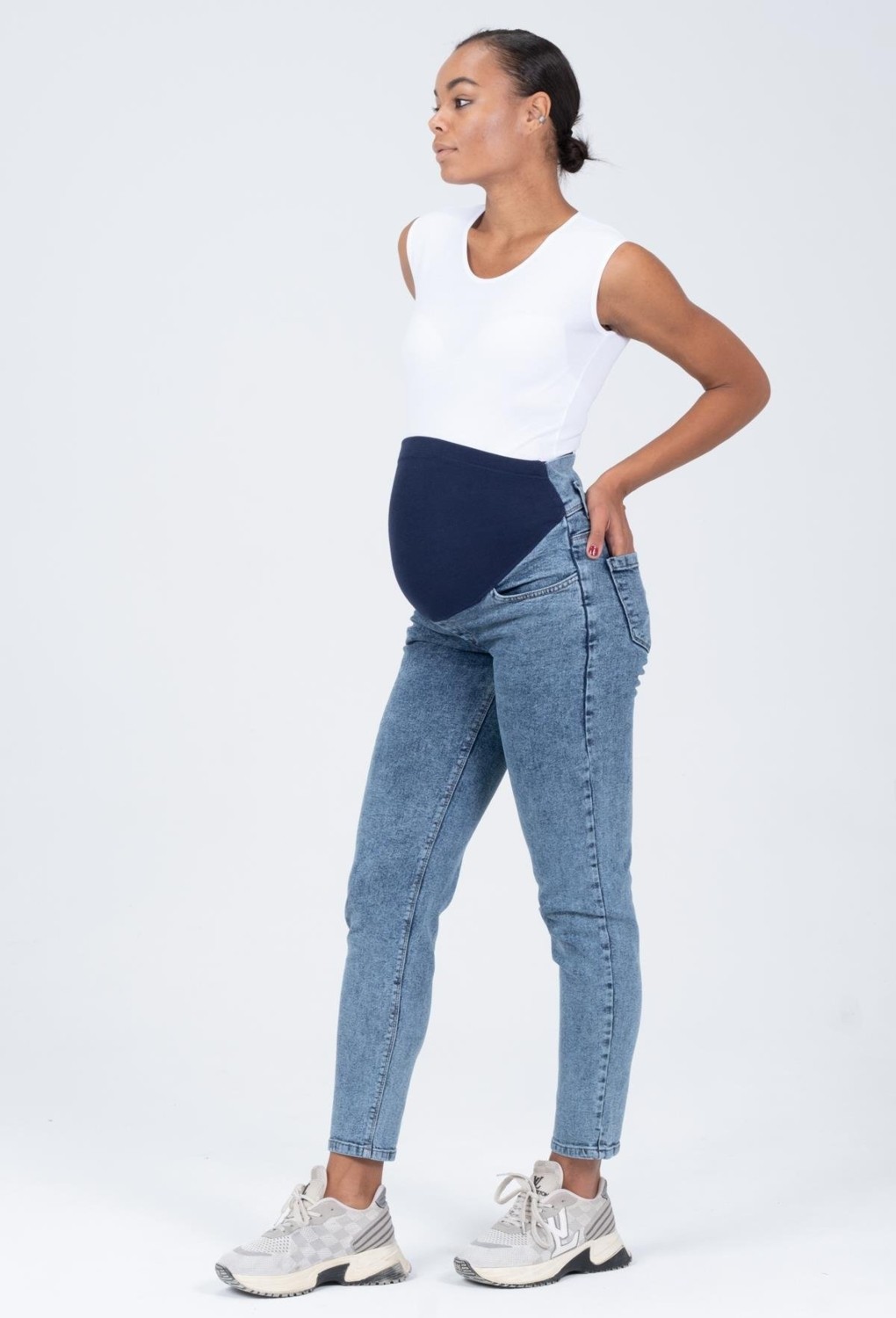 Busa Kadın Hamile Mom Fit Mavi Kot Pantolon Esnek Karın Bantlı %97 Pamuklu görsel 4