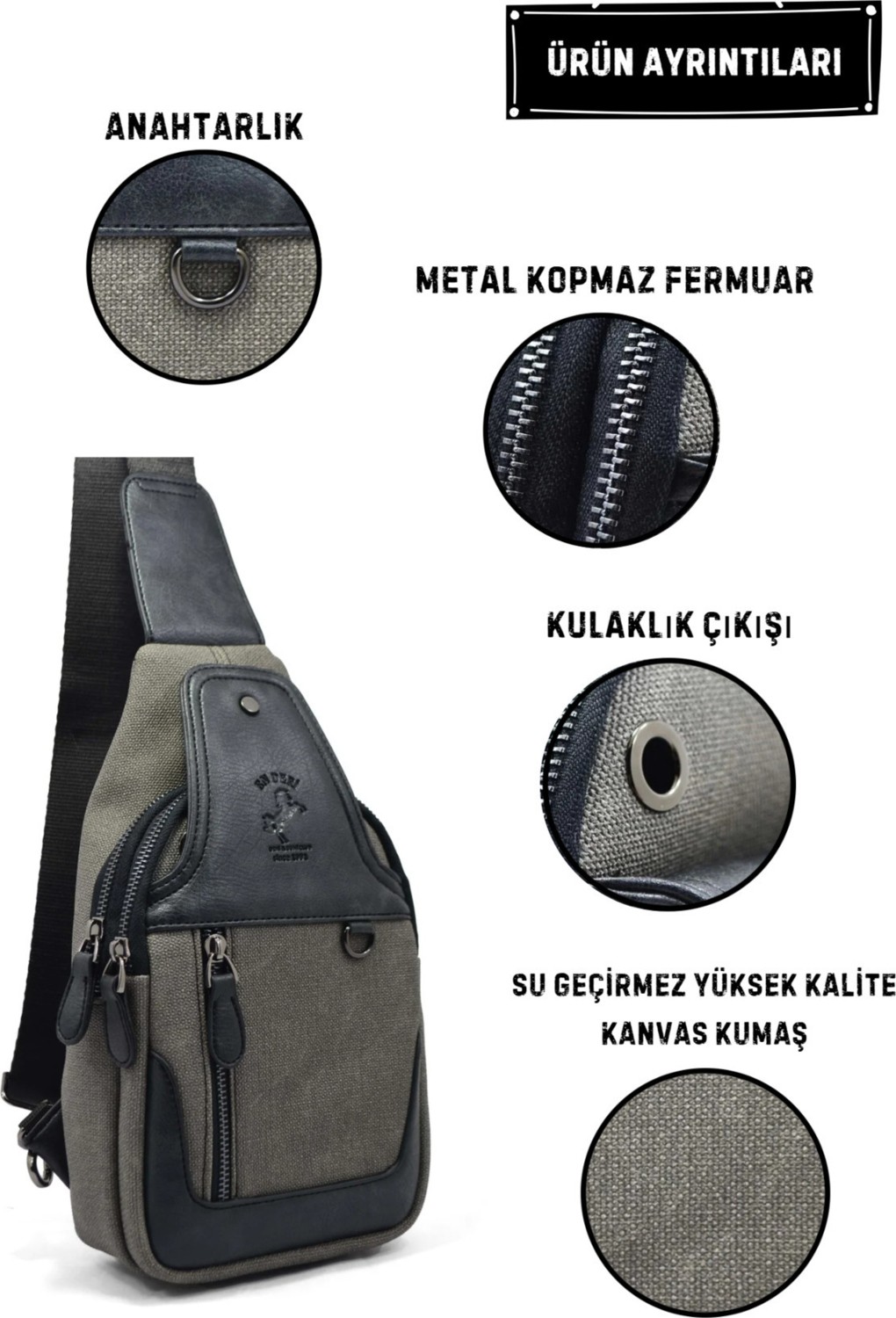 EN Deri Erkek Kanvas Antrasit Çapraz Askılı Omuz Çantası Kanvas Çanta görsel 7