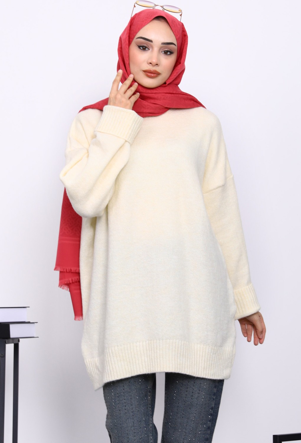 İmaj Butik Kahverengi Dik Yaka Oversize Triko Kazak