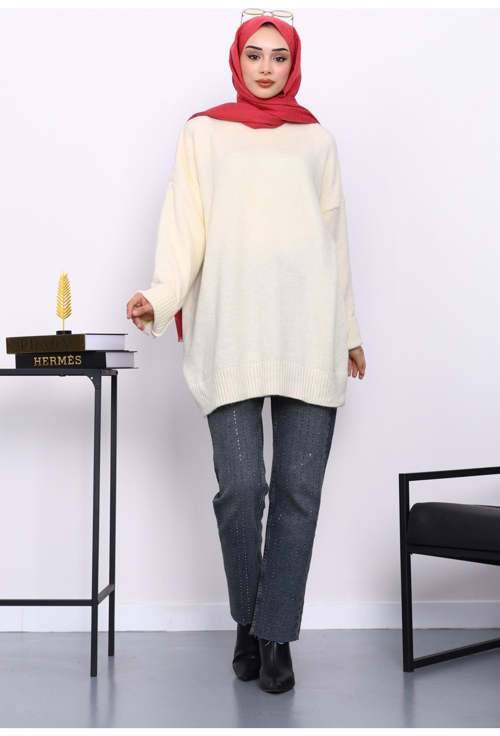 İmaj Butik Kahverengi Dik Yaka Oversize Triko Kazak görsel 6