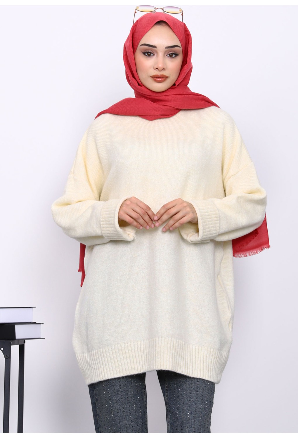 İmaj Butik Kahverengi Dik Yaka Oversize Triko Kazak görsel 7