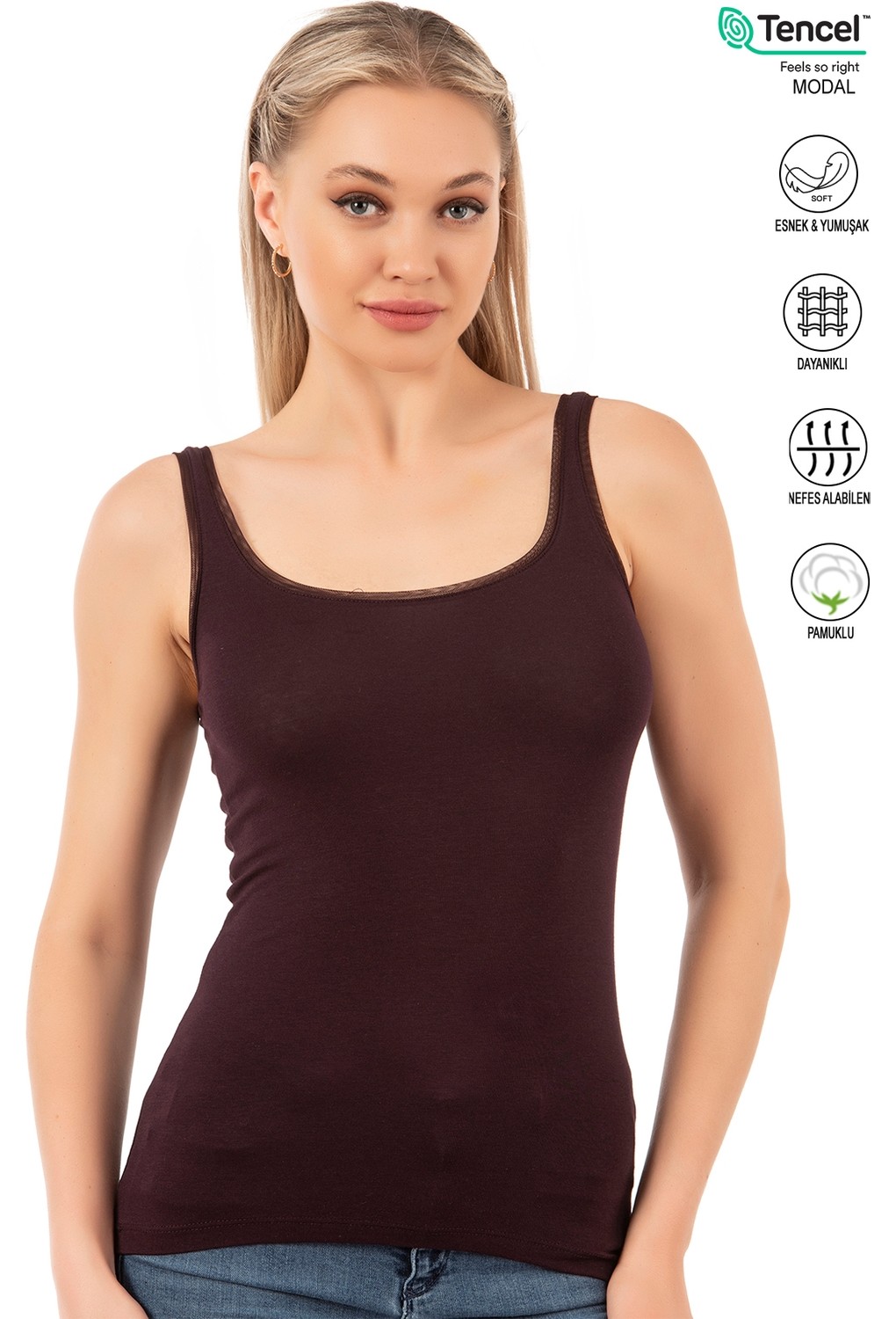 Özkan Underwear Özkan 25493 3'lü Paket Kadın Premium Kumaş Modal Pamuklu Likralı Tül Biyeli Kalın Askılı Atlet görsel 2