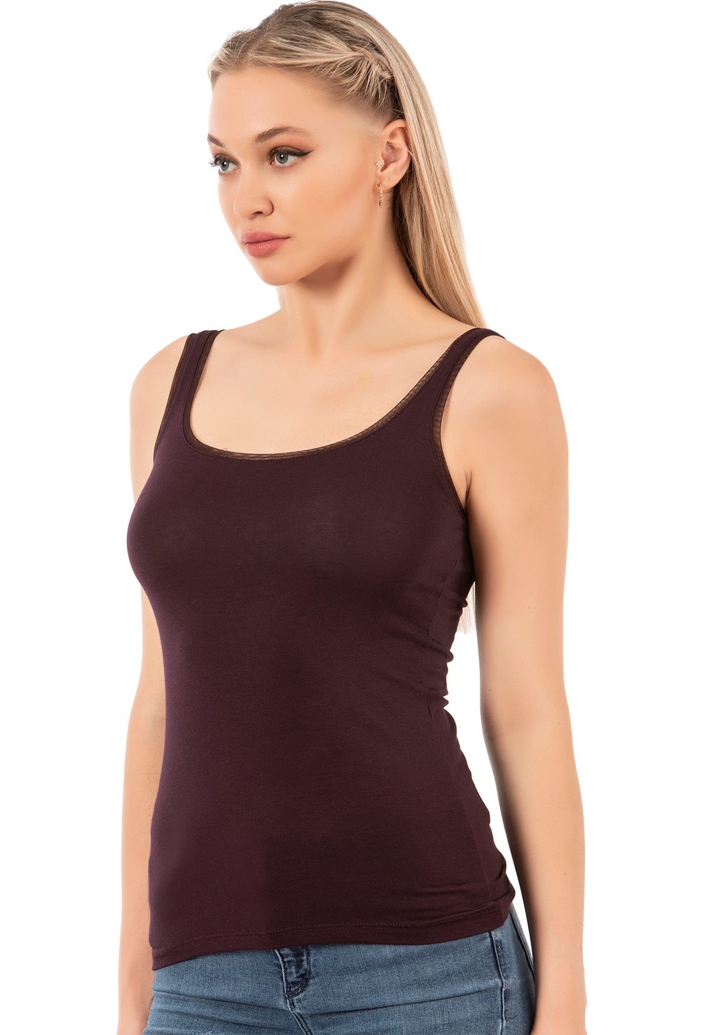 Özkan Underwear Özkan 25493 3'lü Paket Kadın Premium Kumaş Modal Pamuklu Likralı Tül Biyeli Kalın Askılı Atlet görsel 4