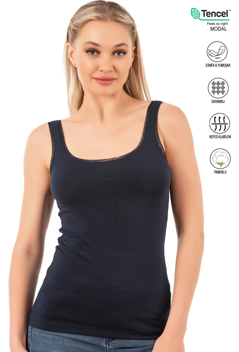 Özkan Underwear Özkan 25493 3'lü Paket Kadın Premium Kumaş Modal Pamuklu Likralı Tül Biyeli Kalın Askılı Atlet görsel 8