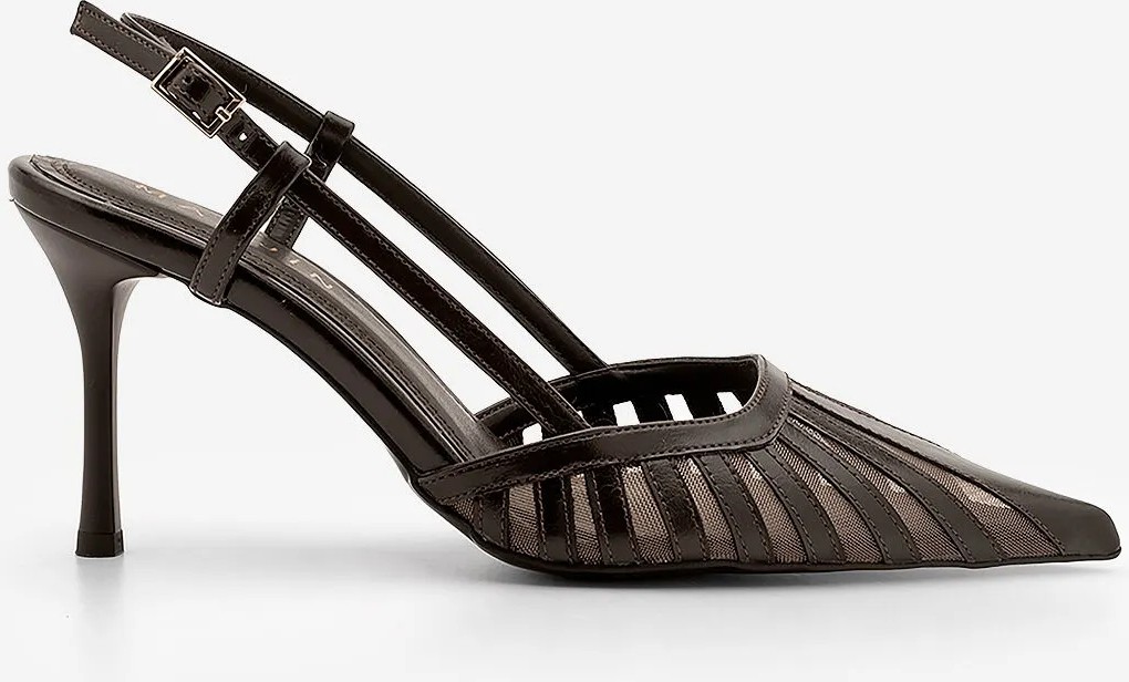 Marjin Kadın Stiletto Sivri Burun Arkadan Bantlı Şerit Detaylı Fileli Klasik Topuklu Ayakkabı Sivon Kahve görsel 3