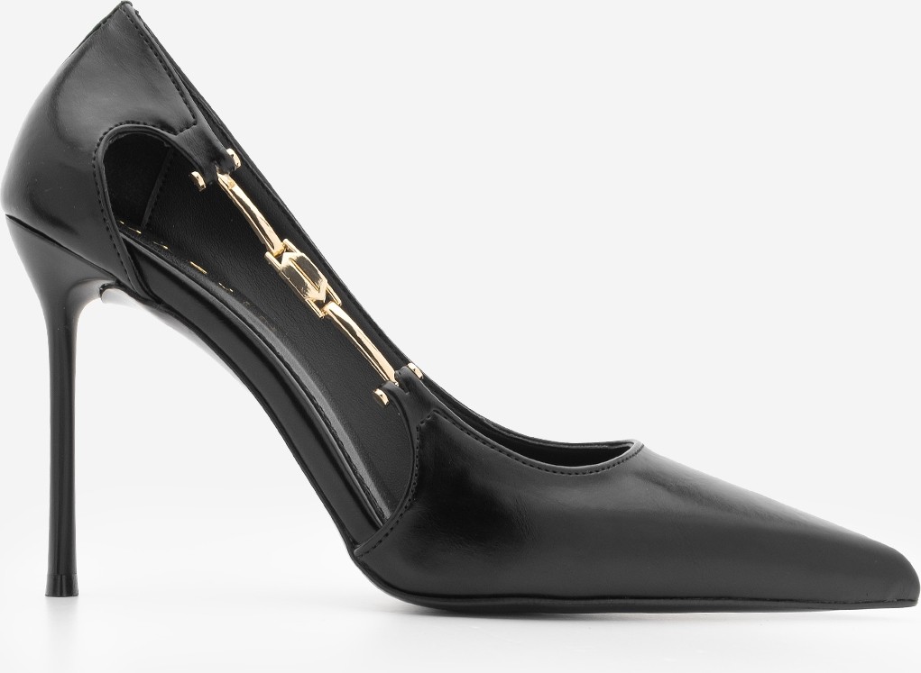 Marjin Kadın Stiletto Sivri Burun Yandan Metal Altın Tokalı Ince Klasik Topuklu Ayakkabı Likose Siyah