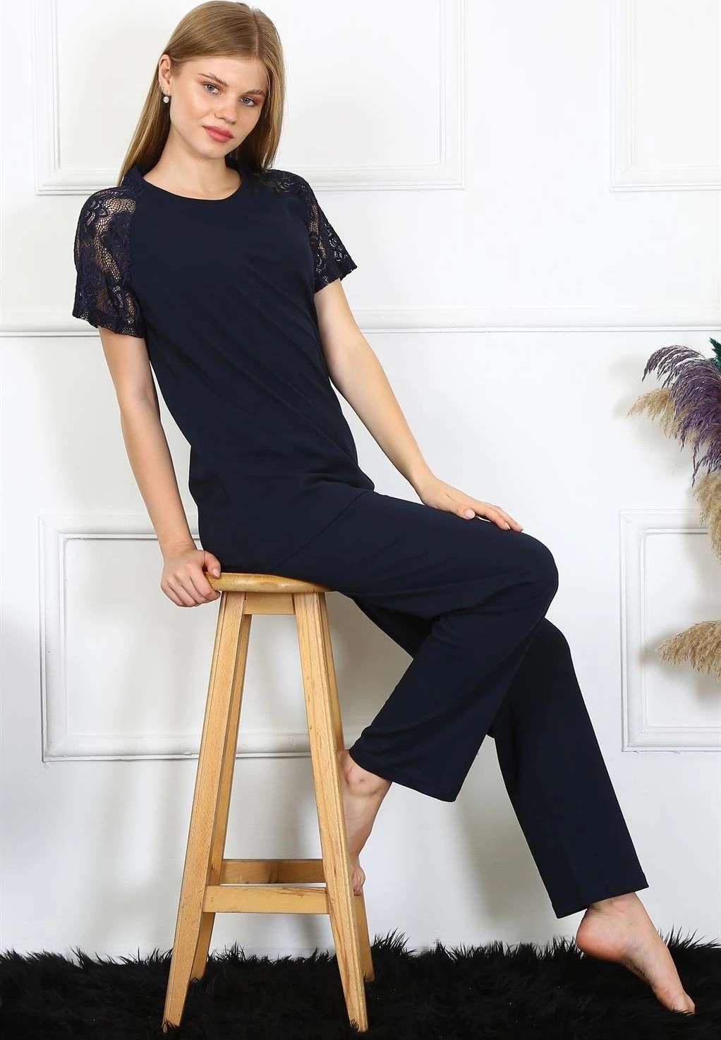 mery Kadın Kolu Dantelli Penye Pijama Takım Lacivert Mery görsel 2