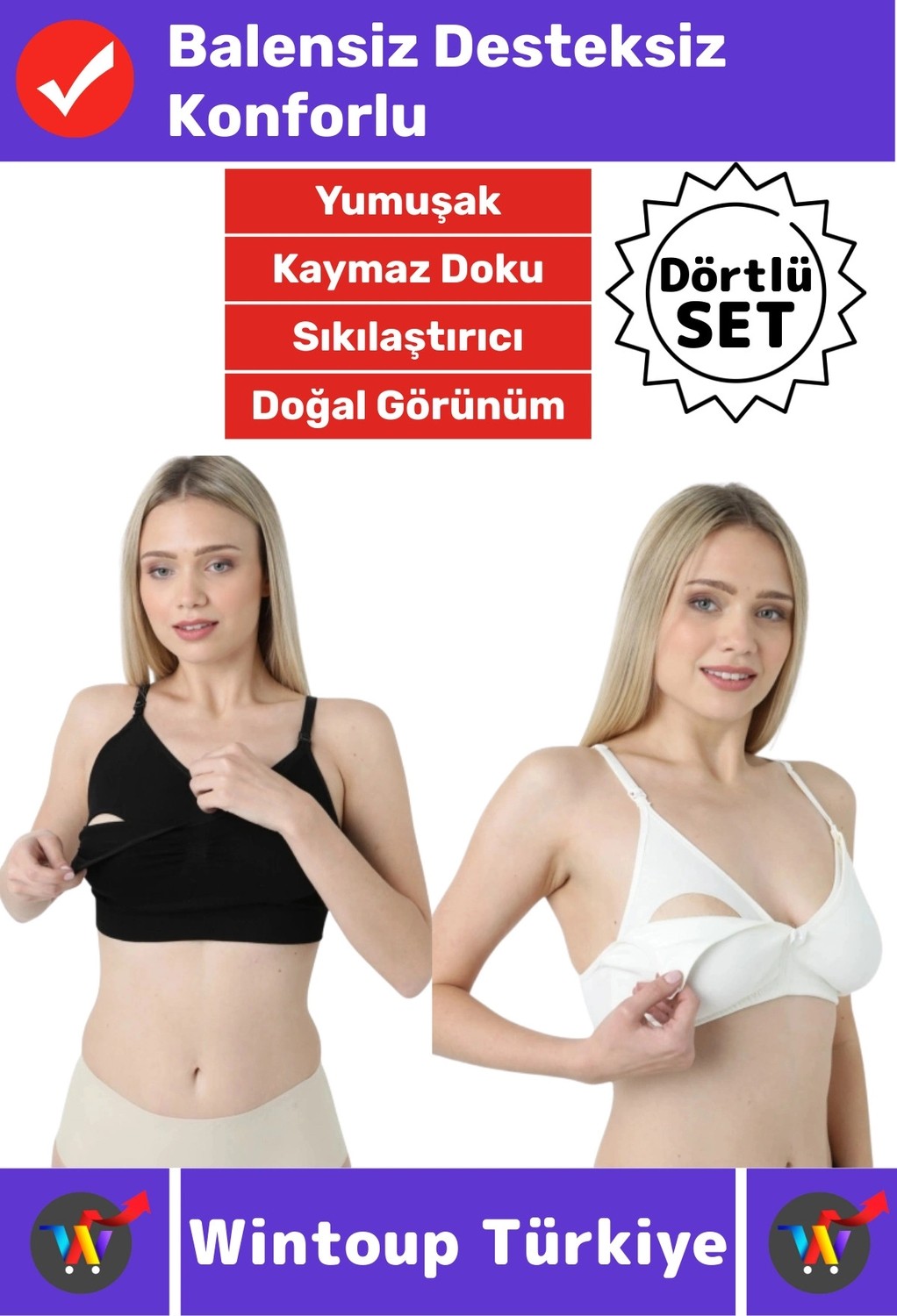 Wintoup #emzirmesütyeni Klipsli Pamuklu Hamile Lohusa Dikişsiz Balensiz Desteksiz Emzirme Sütyeni 4'lü Set