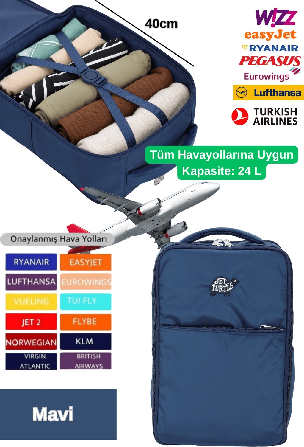 Jet Turtle Seyahat Sırt Çantası 40CM 40X25X15 cm Pegasus, Wizz Air, Ryanair, El Valizi Koltuk Altı Valizi
