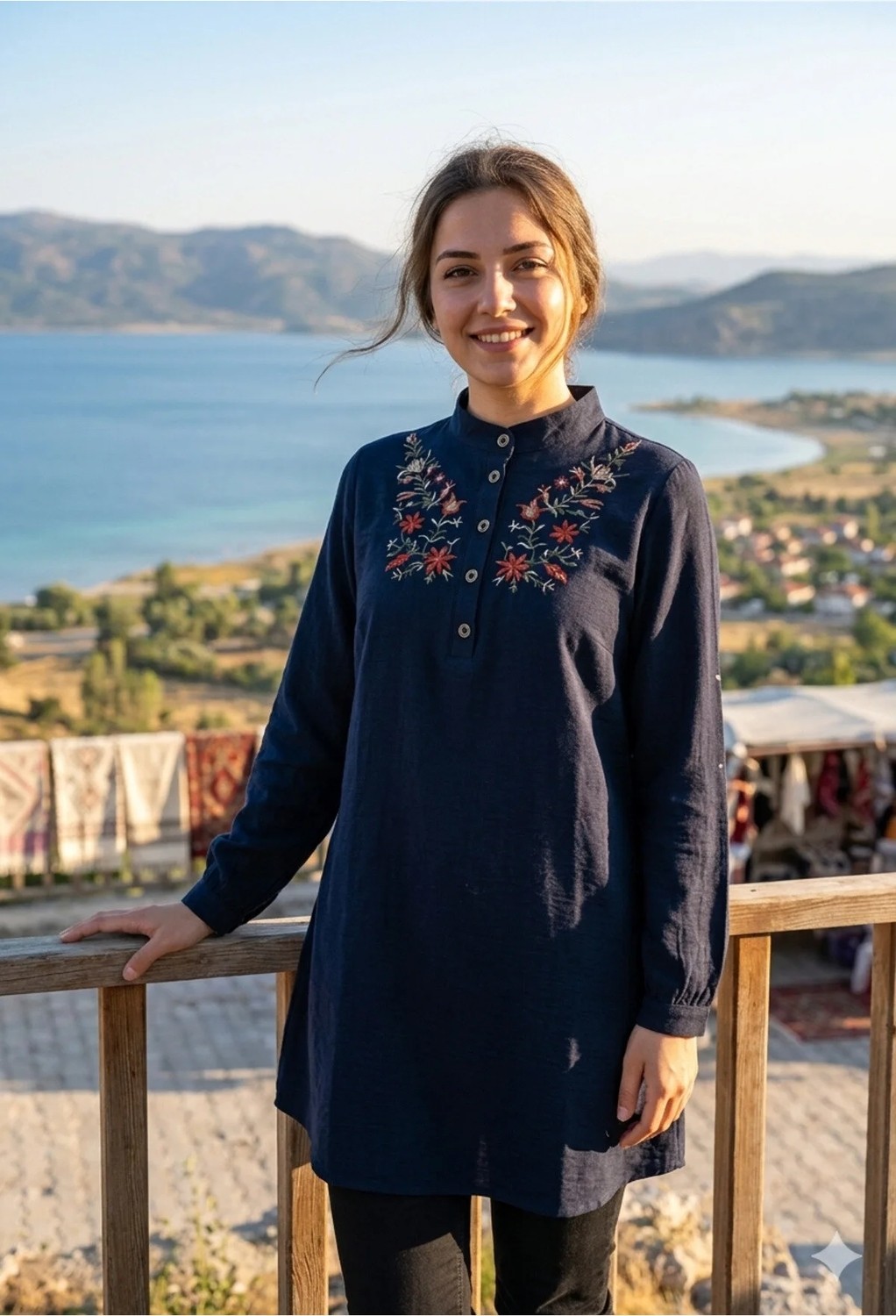 Kado Siyah Keten 4 Düğmeli Döşü Işlemeli Tunik Kullanışlı Kaliteli Terletmez Güzel Şık görsel 2