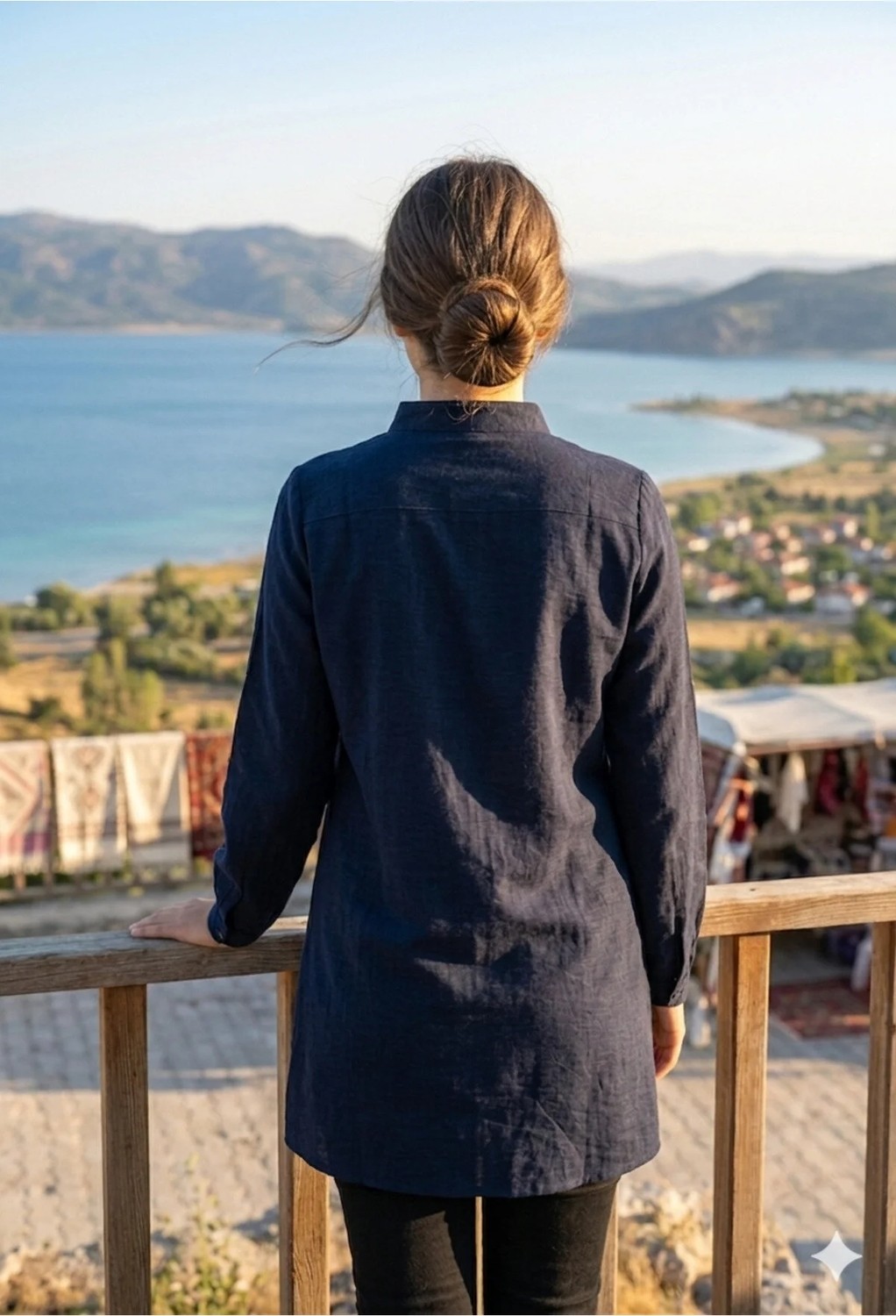 Kado Siyah Keten 4 Düğmeli Döşü Işlemeli Tunik Kullanışlı Kaliteli Terletmez Güzel Şık görsel 4