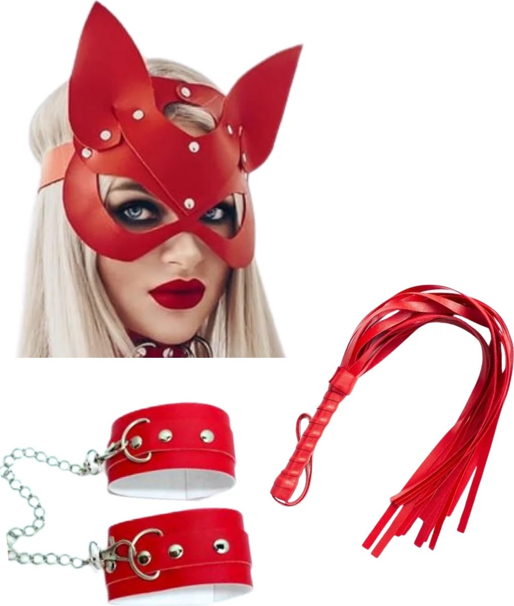Mariposa Secret Fantezi Deri Seksi Kırmızı Kedi Maske Kelepçe Kırbaç Seti ( 3'lü Set) BC5367