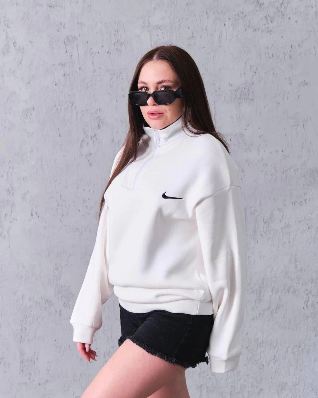 Asmedo Kadın Yarım Fermuarlı Üç Iplik Şardonlu Pamuklu Sweatshirt - Beyaz