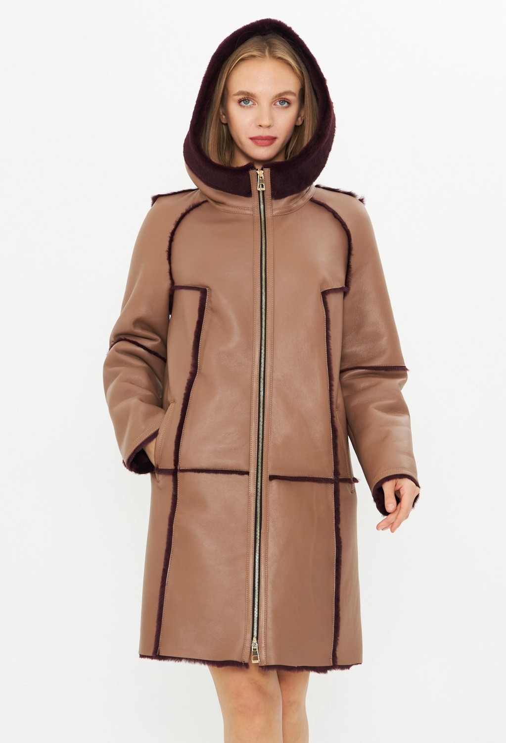 By Marki Marki Deri Kapüşonlu Oversize Kadın Kaban - Içi Kürklü Bordo - Kahverengi 90 cm - 113422