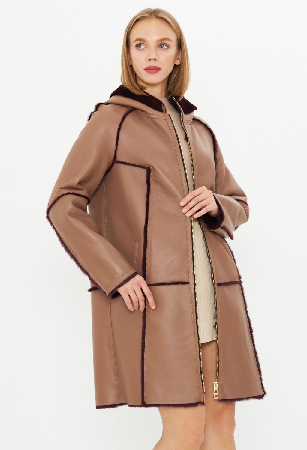 By Marki Marki Deri Kapüşonlu Oversize Kadın Kaban - Içi Kürklü Bordo - Kahverengi 90 cm - 113422 görsel 3