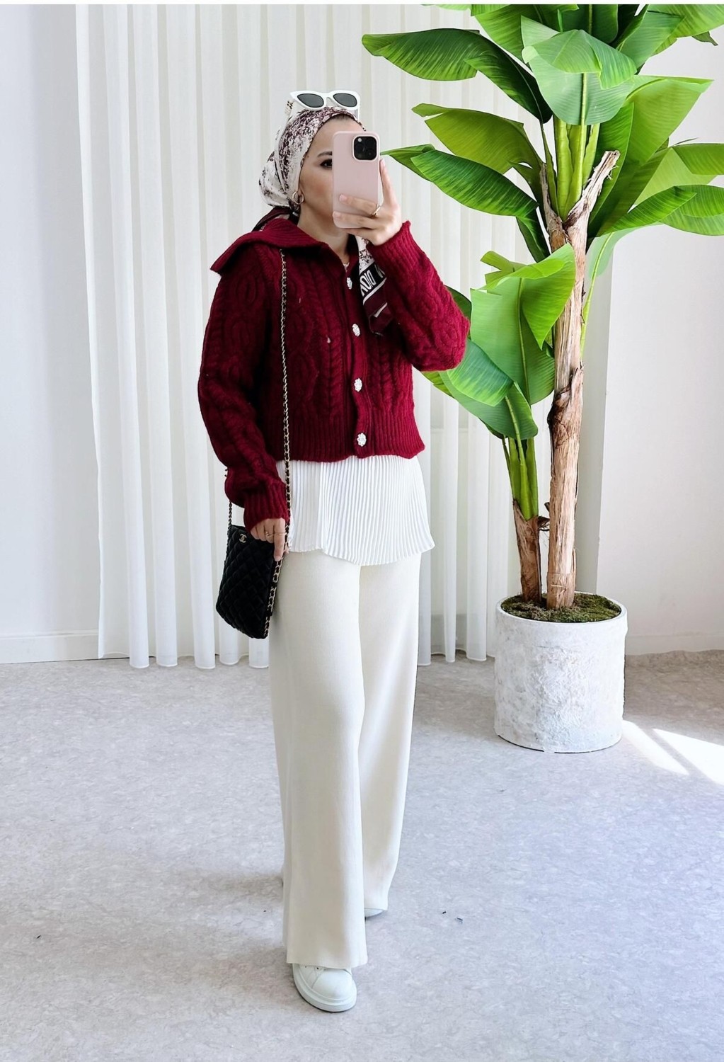 Aselim Hijap Moda Düğmeli Örgü Kalın Triko Hırka Bordo görsel 8