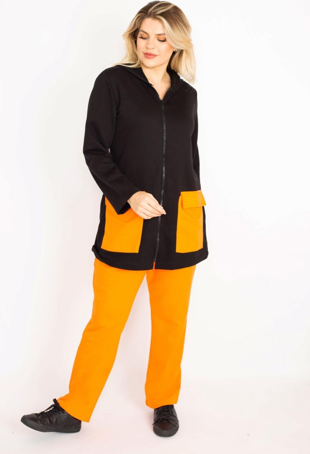 Şans Kadın Büyük Beden Oranj-Siyah, Cep Kombinli Kapşonlu Ön Fermuarlı Sweatshirt Pantolon Takım 65N39162 görsel 6