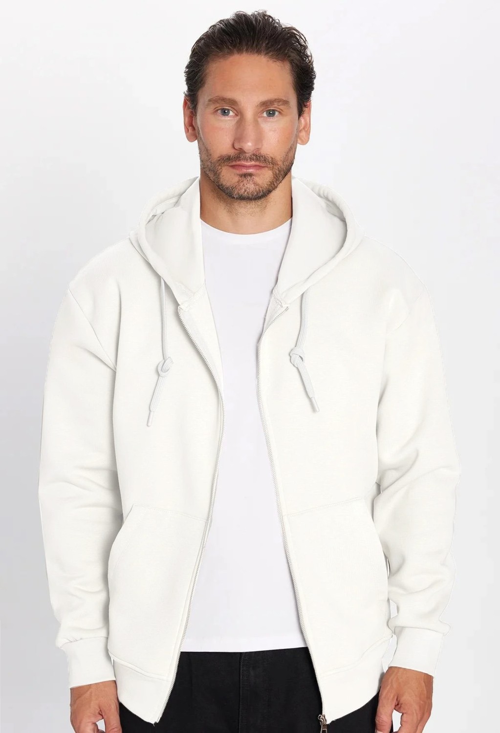 Tudors Unisex Relax Fit Rahat Kesim Pamuklu İçi Polarlı Çift Cepli Fermuarlı Beyaz Kapüşonlu Sweatshirt görsel 4