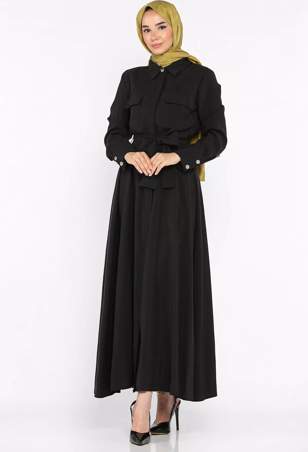 Julude Polo Yaka Bel Kuşaklı Çift Cepli Tesettür Elbise P-00022687 görsel 7