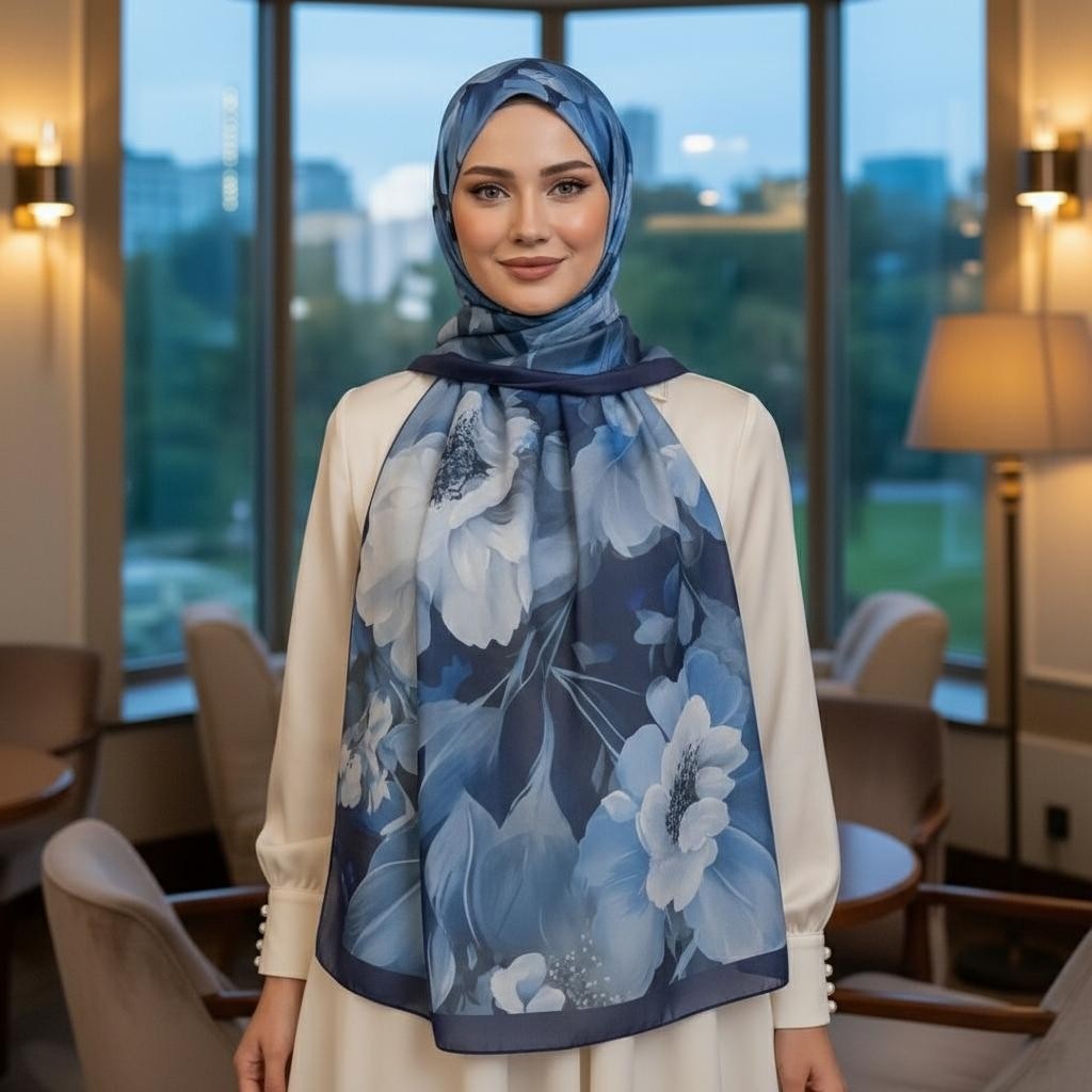 Revam Collection Retro Etnik Desenli Pamuk Soft Şal Soon Serisi Lacivert Mavi