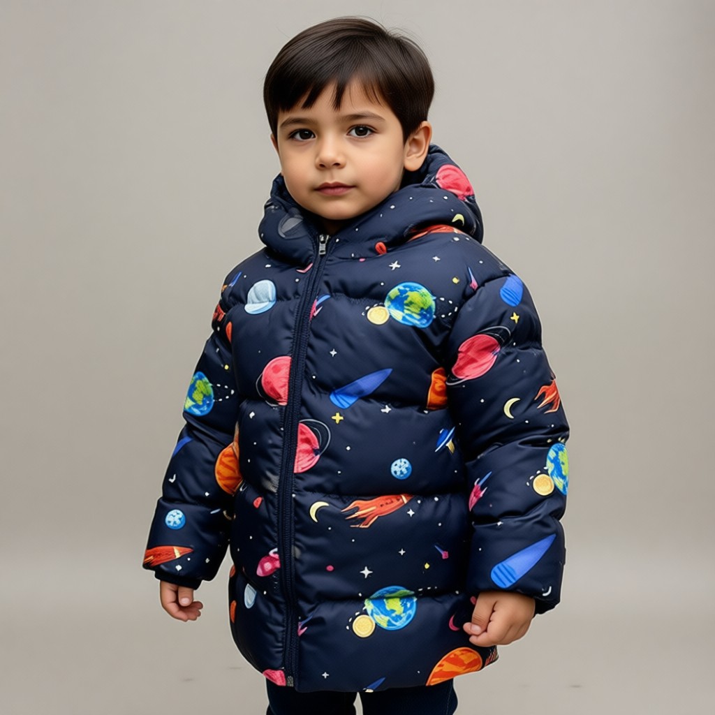 Freemen Erkek Çocuk Polarlı Kapüşonlu Gezegen Yıldız Desenli Kışlık Şişme Mont & Kaban & Parka görsel 8