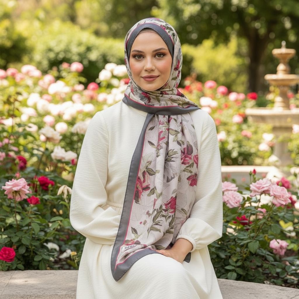 Revam Collection Retro Desen Pamuk Şal Krem Siyah görsel 2
