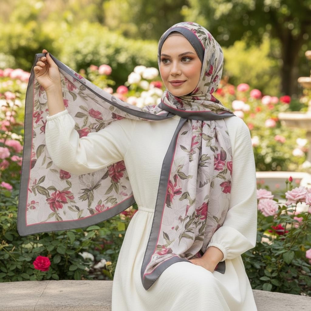 Revam Collection Retro Desen Pamuk Şal Krem Siyah görsel 3