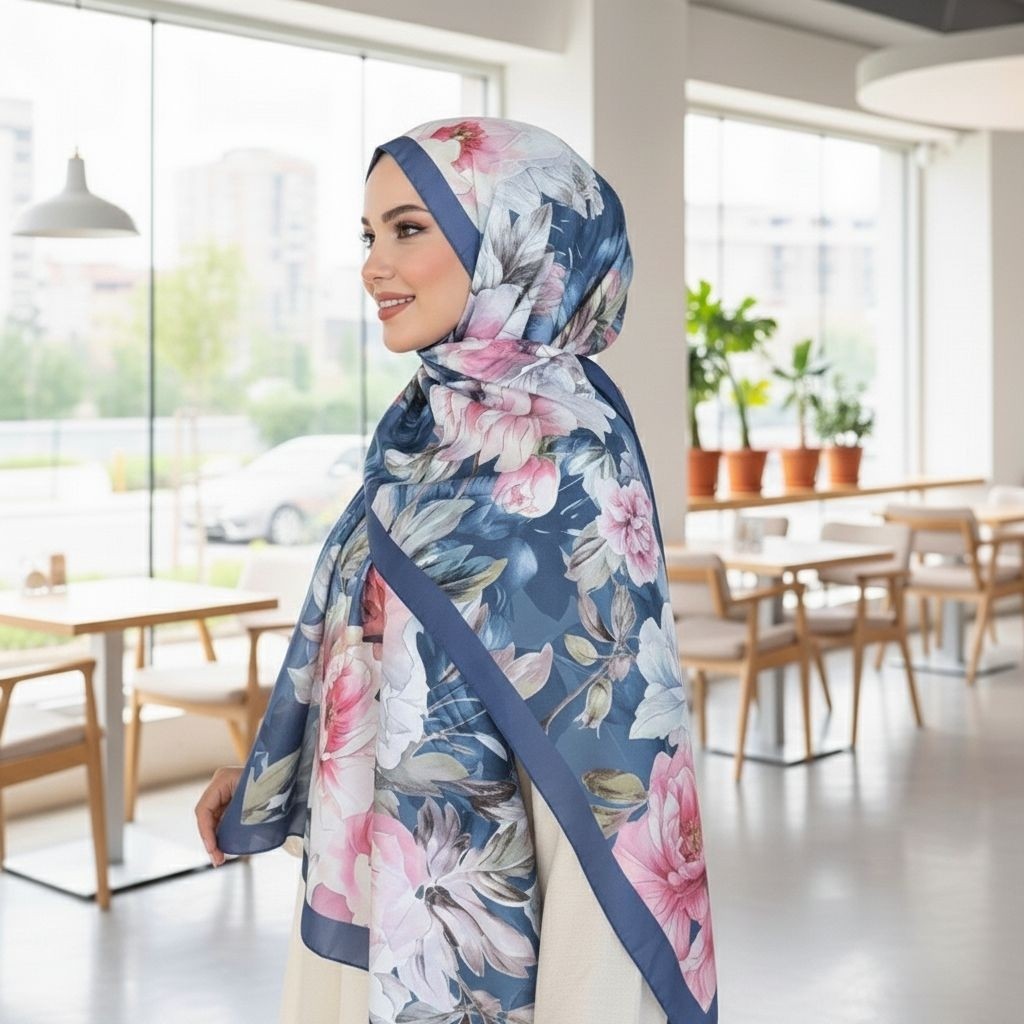 Revam Collection Desenli Pamuk Soft Şal Ilham Serisi Lacivert Pembe görsel 2