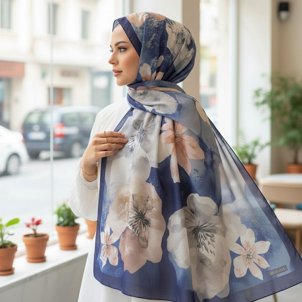 Revam Collection Gül Desen Pamuk Şal Lacivert görsel 2