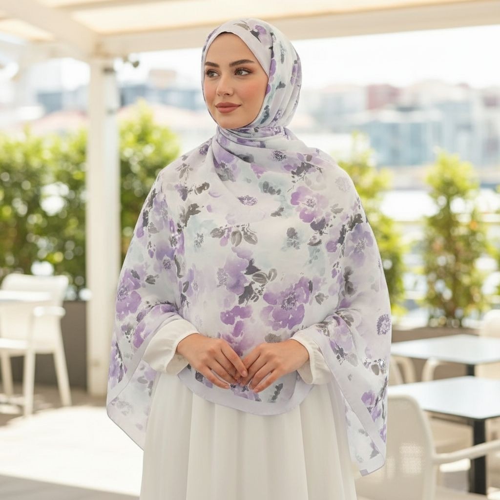 Revam Collection Pamuklu Mor Lila Çiçek Desenli Dijital Baskılı Şal Ilham Serisi