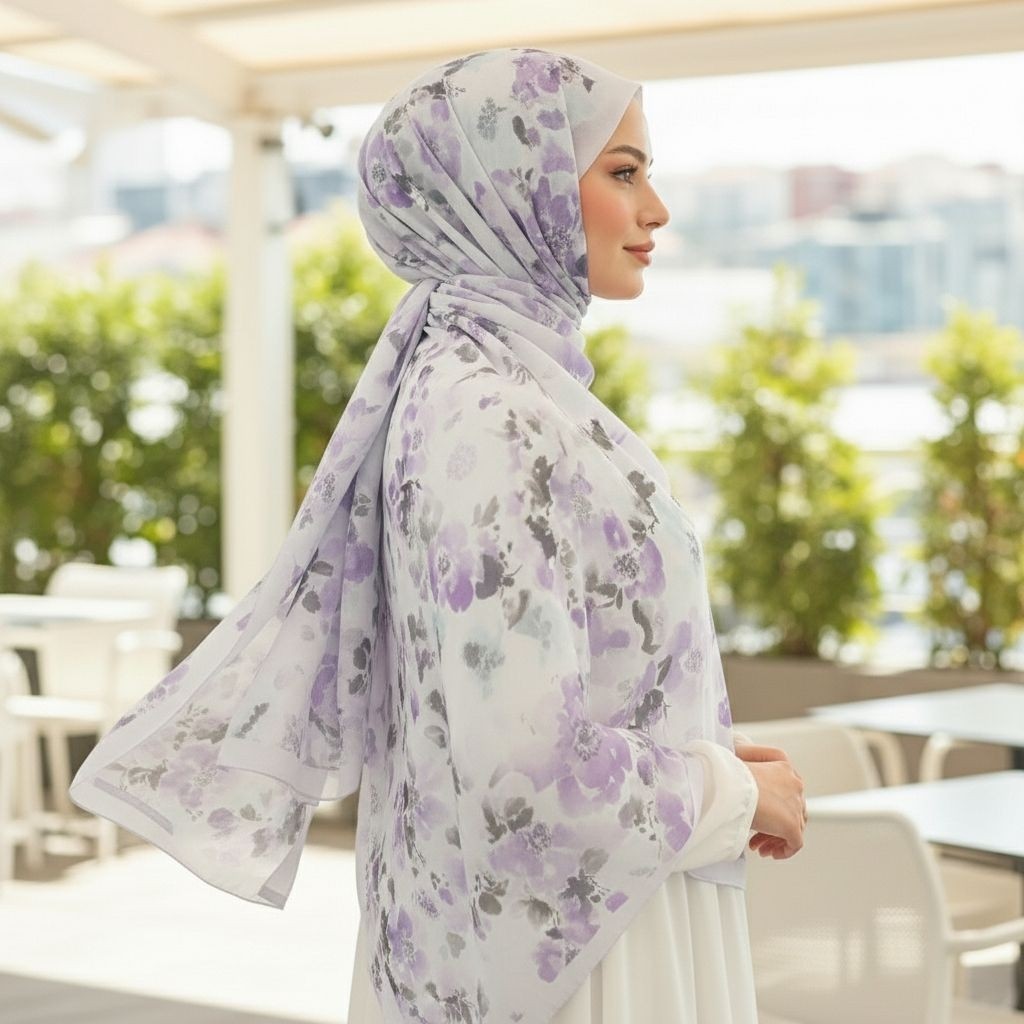 Revam Collection Pamuklu Mor Lila Çiçek Desenli Dijital Baskılı Şal Ilham Serisi görsel 2