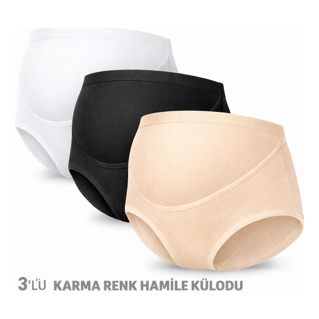 Qulat Yüksek Bel Hamile Külodu 3’lü Set, Karma Renk (Siyah/beyaz/ten)