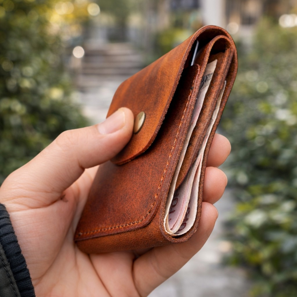 Bakani Leather El Yapımı Hakiki Deri Erkek Cüzdan, Çıtçıtlı Minimal Tasarım Kartlık Para Bölmeli görsel 3
