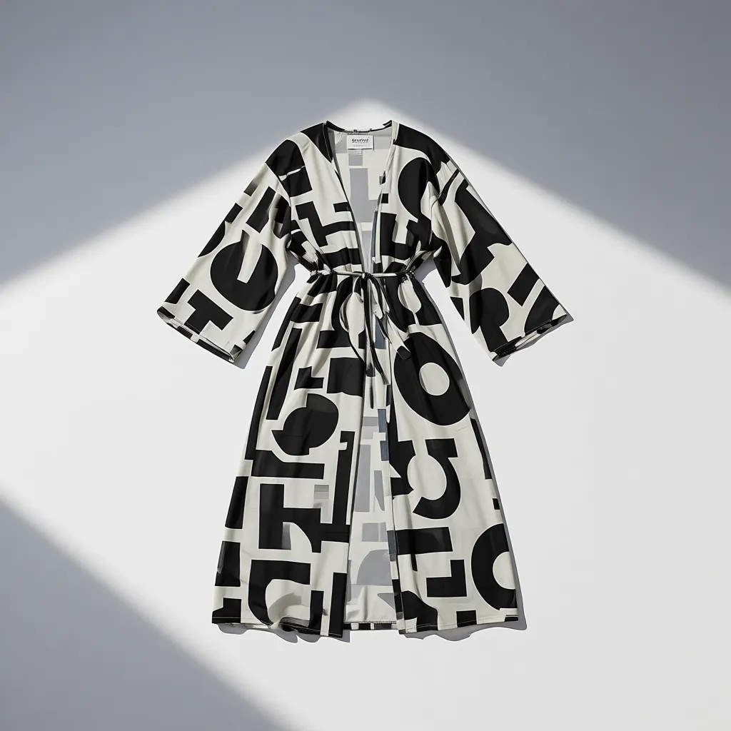 Marina Geometrik Siyah Kimono Kaftan %100 Polyester Hafif Kumaş Şık Plaj Elbisesi görsel 7