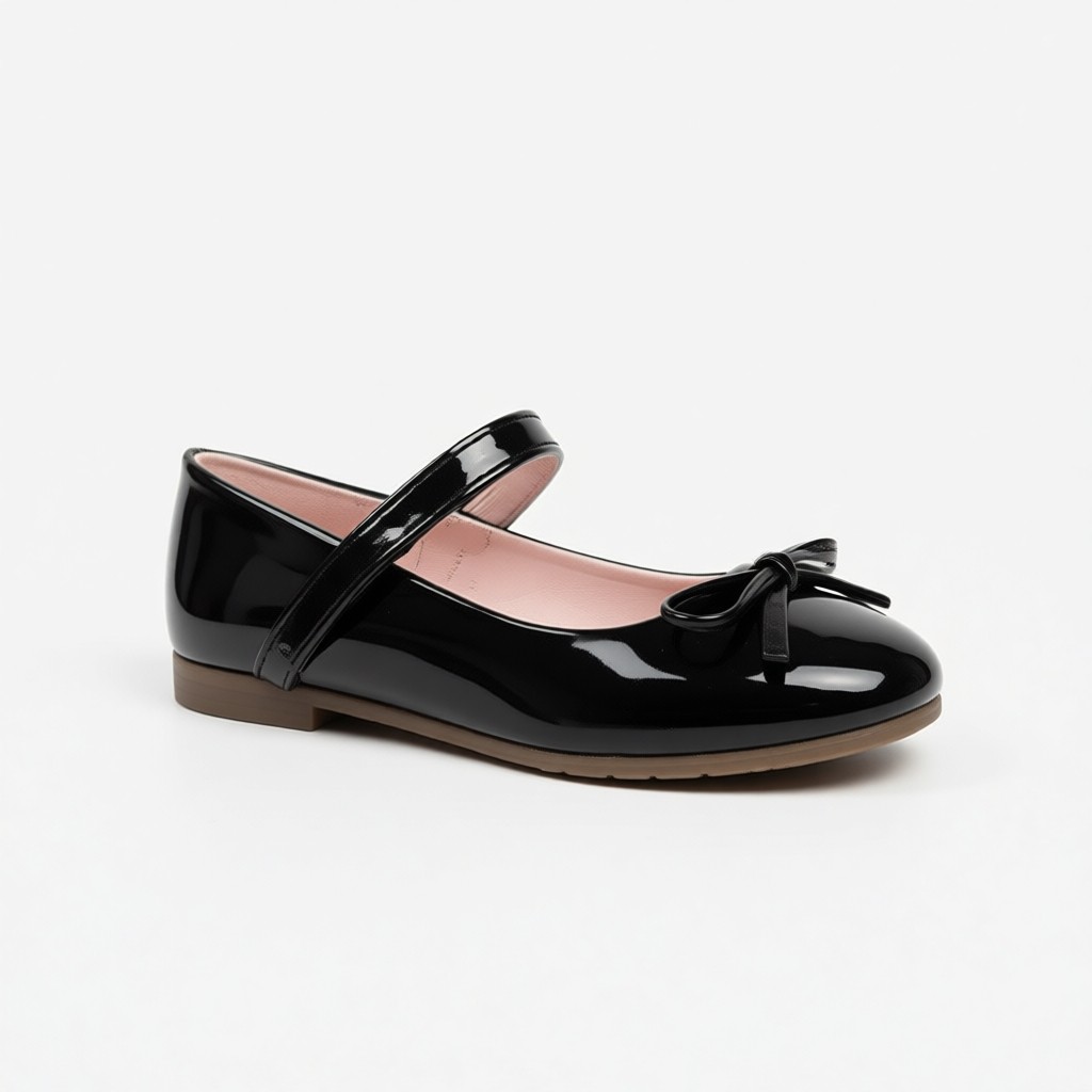 Surpie Shoes Ince Fiyonk Detaylı Kız Çocuk Babet, Siyah Suni Deri, Ortopedik Tabanlı, Düz Topuklu görsel 8
