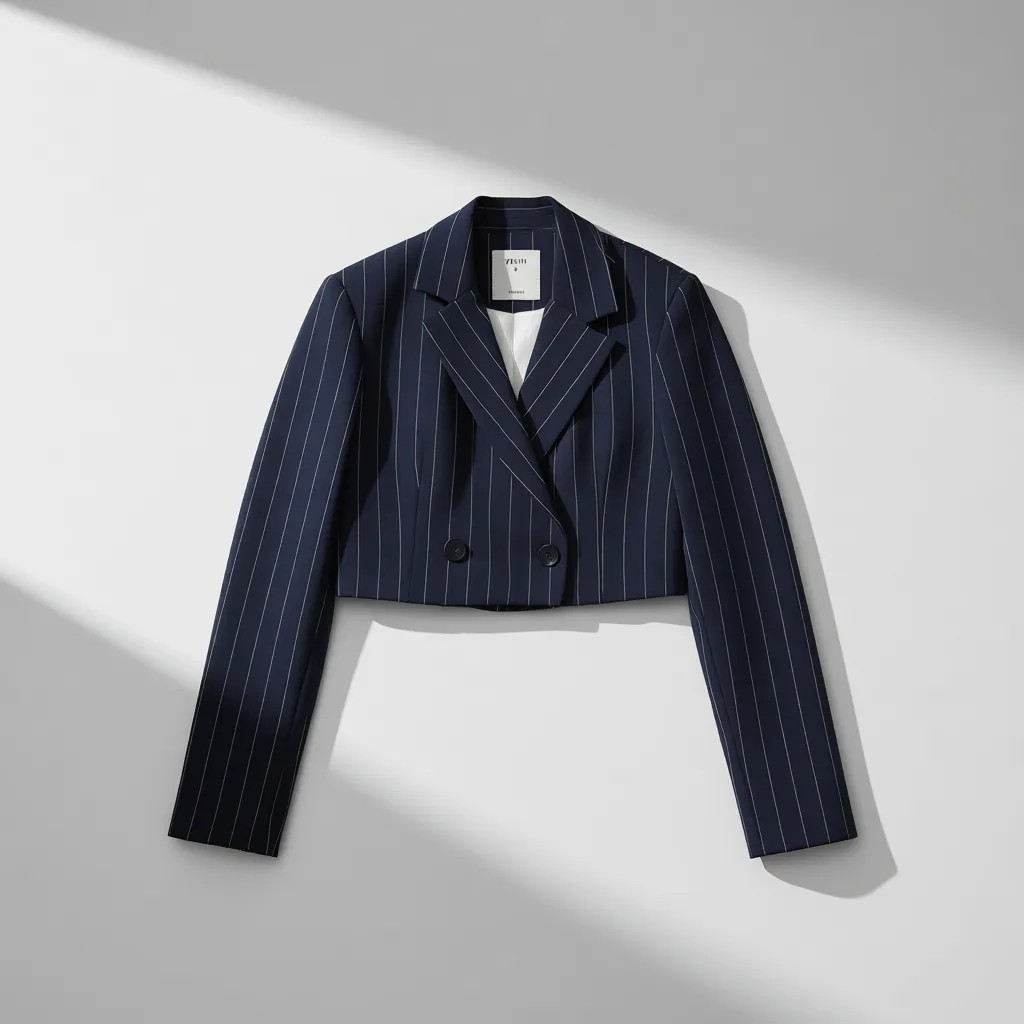 Quzu Kadın Çizgi Detaylı Crop Blazer Ceket Lacivert Dokuma Kumaş Özellikli görsel 5