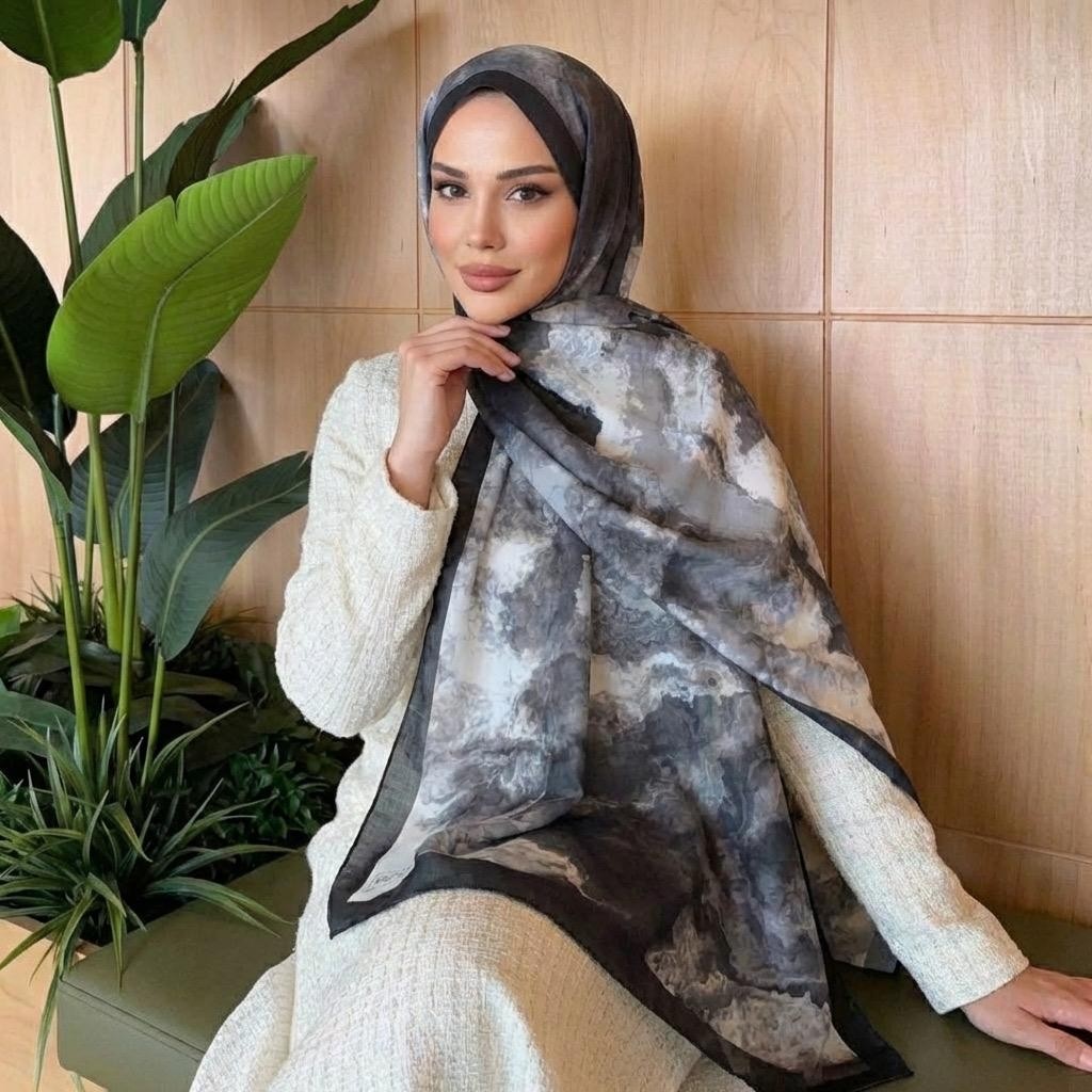 Revam Collection Desenli Pamuk Soft Şal Siyah-Beyaz görsel 2