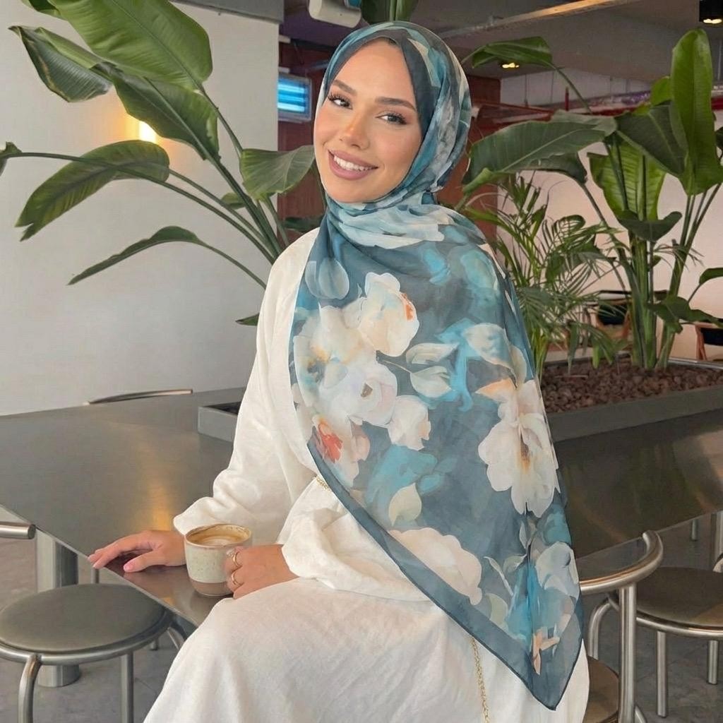 Revam Collection Retro Desen Pamuk Soft Şal Turkuaz-Beyaz