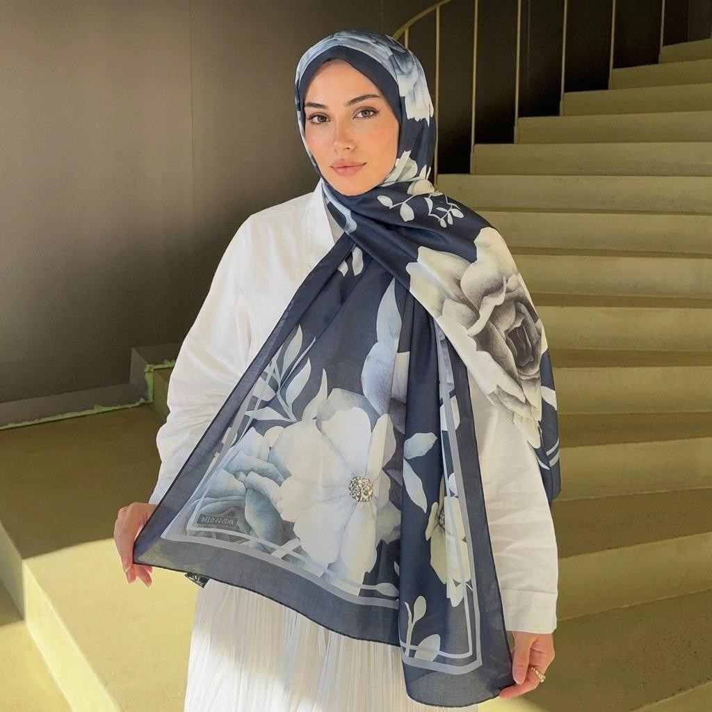 Revam Collection Desenli Pamuk Soft Şal Lacivert