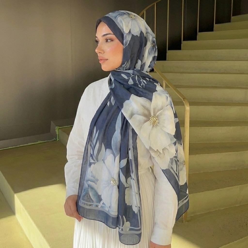 Revam Collection Desenli Pamuk Soft Şal Lacivert görsel 2