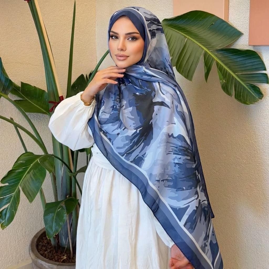 Revam Collection Desenli Pamuk Soft Şal Lacivert-Açık Mavi